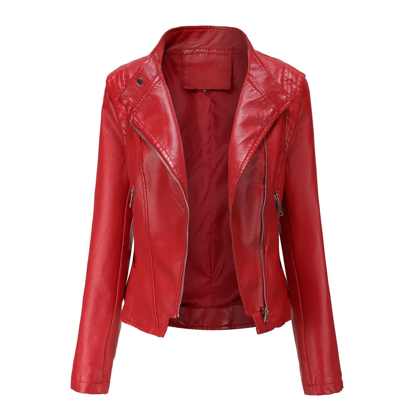 Blouson en Cuir PU pour Femme, Col Coloré, Manches sulf