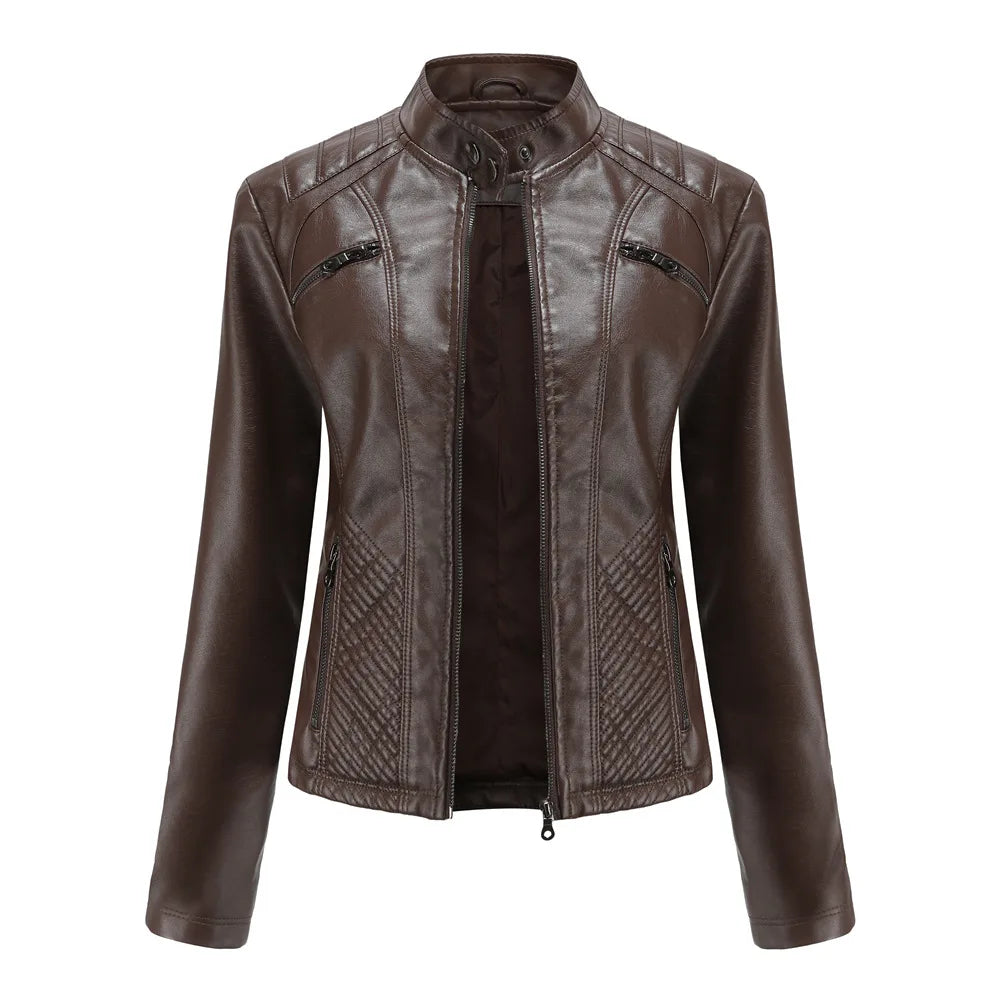 Blouson en cuir PU femme, décontracté, col montant