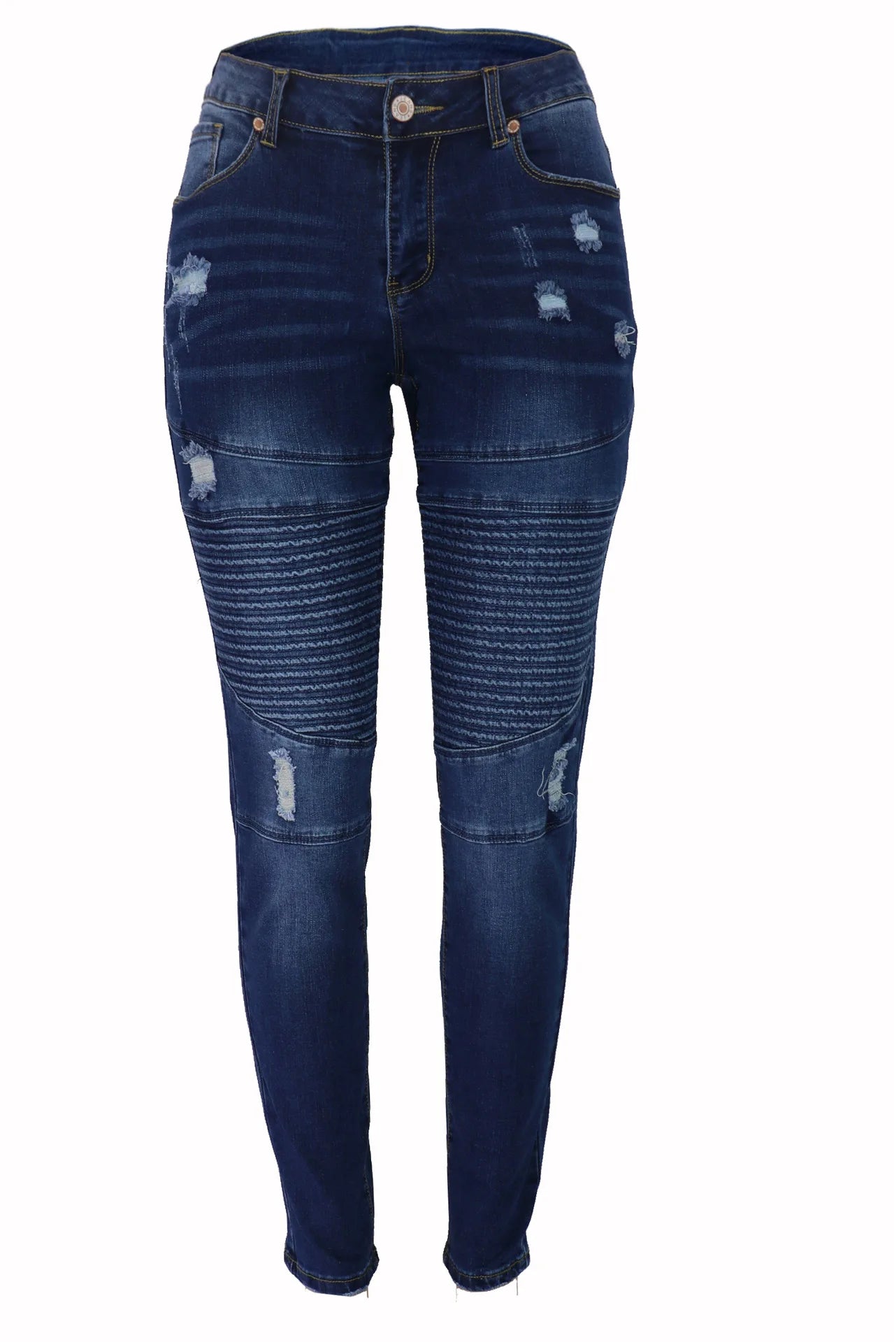 Jean déchiré bleu foncé pour femmes, pantalon crayon