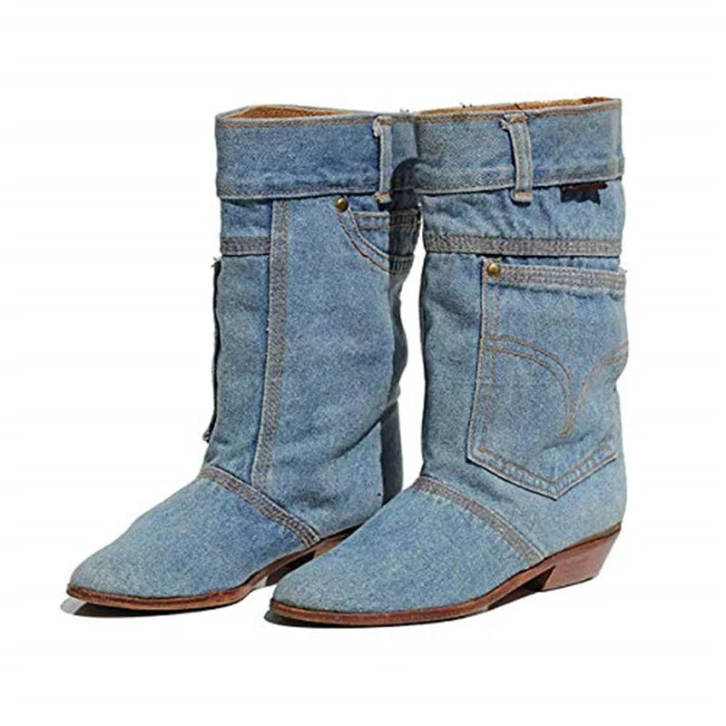 Bottes en denim à talons bas pour dames, bottes décontractées