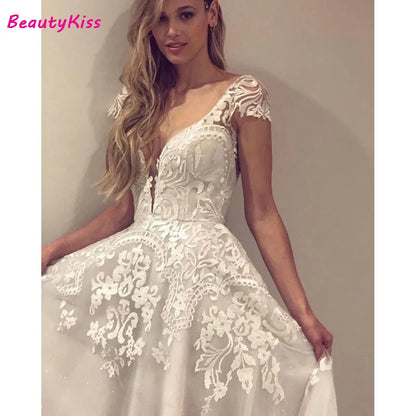 Robe De mariée trapèze Sexy, dos nu, en Tulle perlé scintillant, décolleté en v profond, avec des Appliques