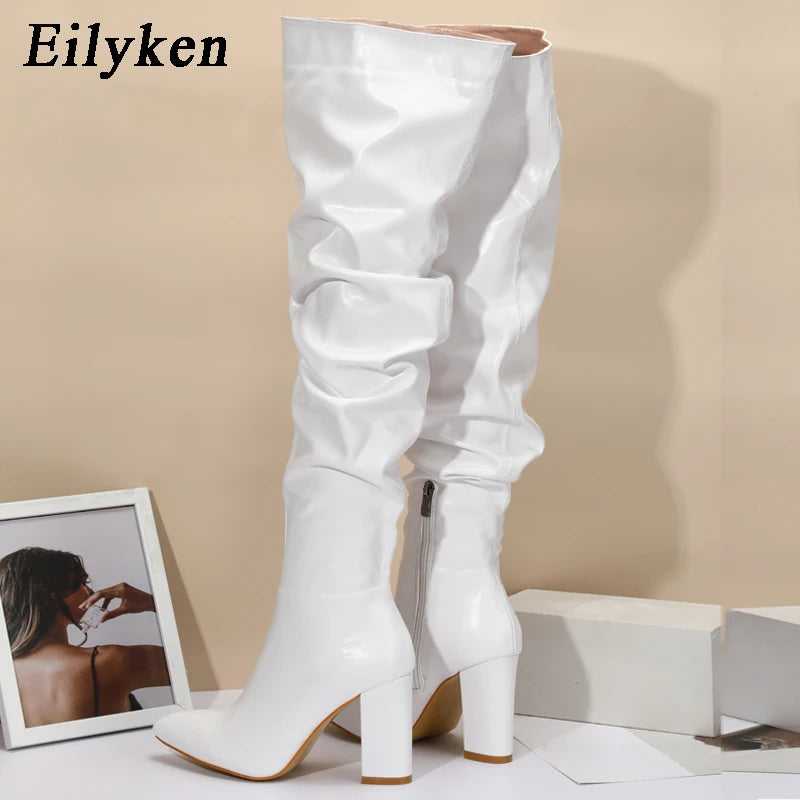 Bottes au dessus du genou Style Punk carré talon haut chaussures à glissière plissé bout pointu pour femmes