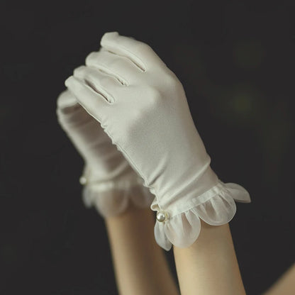 Gants de Poignet Courts en Satin et Tulle Blanc pour Femme