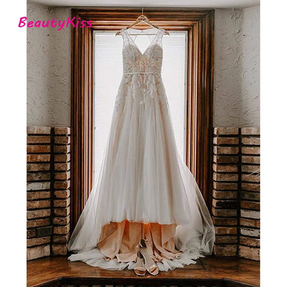 Robe De mariée Sexy en dentelle et Tulle, col en v, dos ouvert, ligne a, sans manches, avec des Appliques, avec traîne De balayage