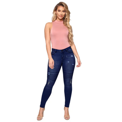 Jean déchiré bleu foncé pour femmes, pantalon crayon