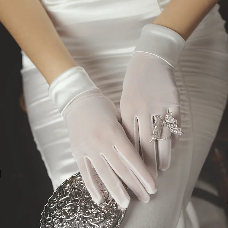 Gants de mariée courts pour femmes, simples, en Satin lisse, en Tulle, blancs