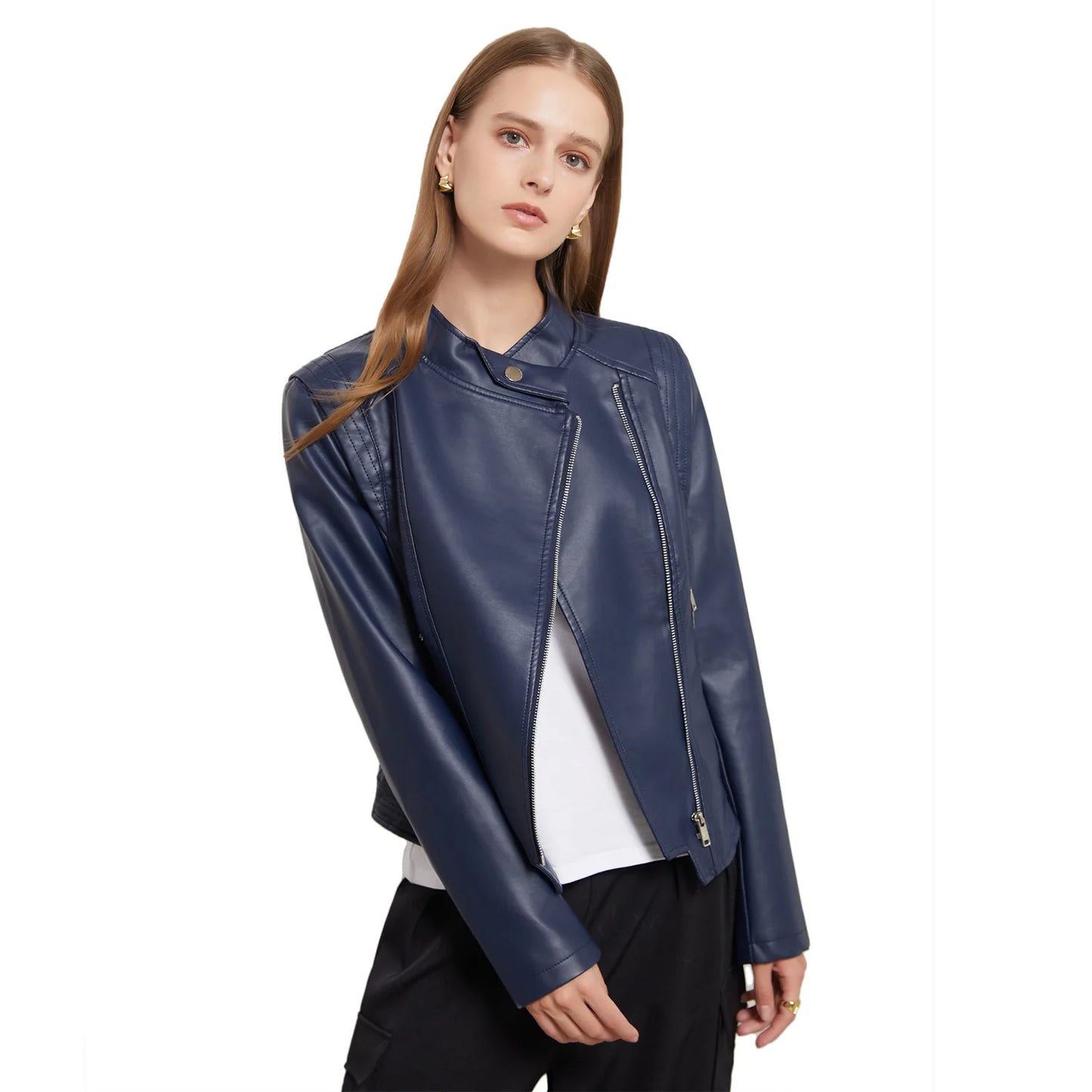 Blouson en Cuir PU pour Femme, Col Coloré, Manches sulf