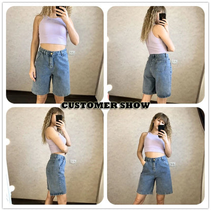 Short en jean ample à boutons droits pour femme Bermuda d'été