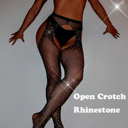 Collants en résille avec strass pour Femme, Sexy, avec entrejambe ouvert, brillant