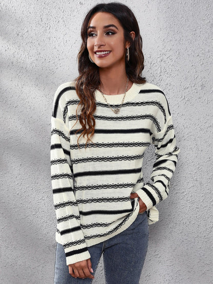 Pull rayé à manches longues et col rond pour femme