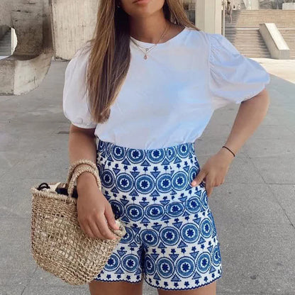 Short en coton bleu taille haute pour femmes