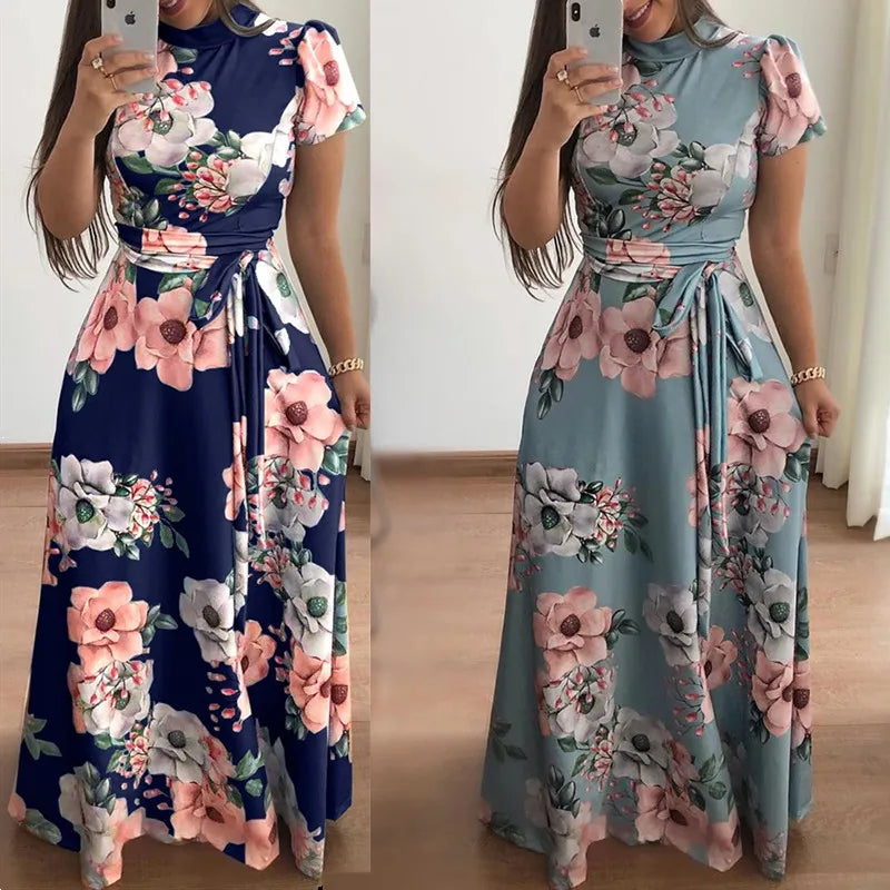 Robe longue à col montant et ceinture style bohème pour femme