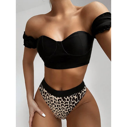 Maillot de bain sexy noir à épaules dénudées pour femmes, ensemble bikini taille haute, style léopard, push-up