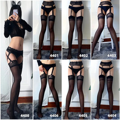 Bas en dentelle souple pour femmes, collants noirs, avec porte-jarretelles