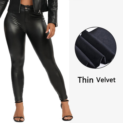 Leggings d'hiver en cuir noir pour femmes, pantalon slim push-up taille haute avec poches