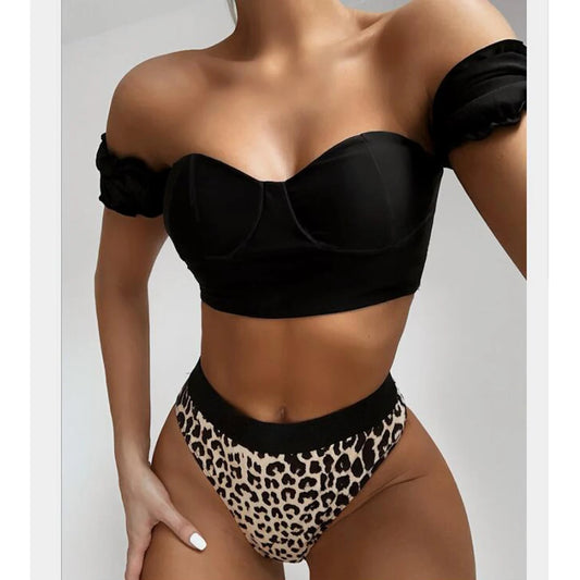 Maillot de bain sexy noir à épaules dénudées pour femmes, ensemble bikini taille haute, style léopard, push-up