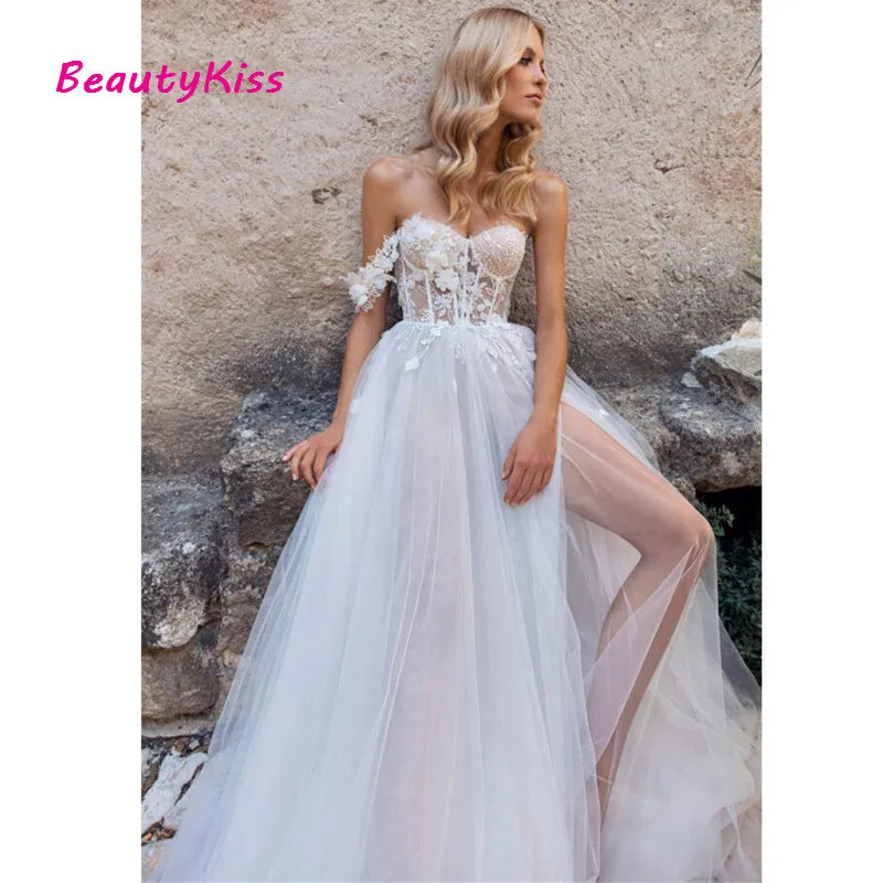 Robe de Mariée Trapèze en Dentelle avec Appliques Modestes, Sexy, Fendue sur le Côté, Style Boho