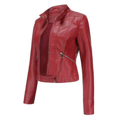 Blouson court en cuir PU femme, col montant, résistant