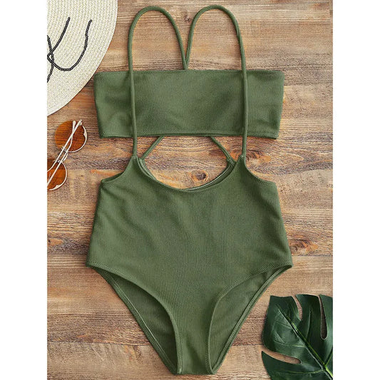 Maillot de bain deux pièces côtelé femmes coupe haute Monokini string