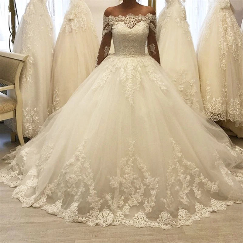 Col bateau robe De bal robe De mariée manches longues à lacets dos Tulle dentelle appliques