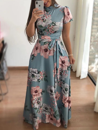 Robe longue à col montant et ceinture style bohème pour femme