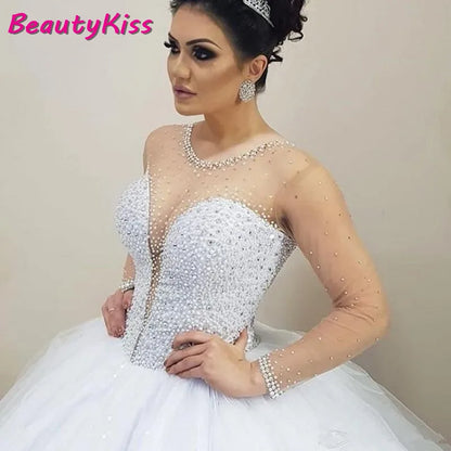 Nouveauté perles de cristal robe de bal robes de mariée dubaï saoudien arabe Illusion cou gonflé Tulle