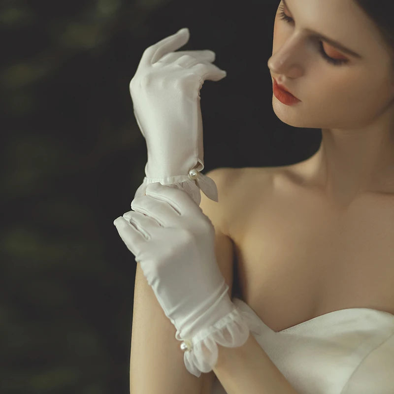 Gants de Poignet Courts en Satin et Tulle Blanc pour Femme