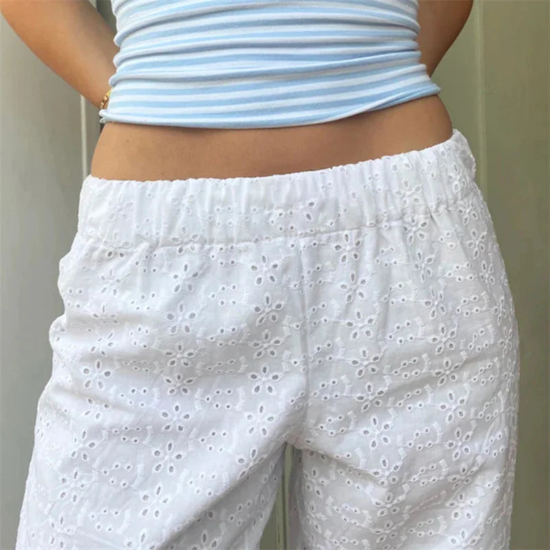 Pantalon en dentelle pour femmes, Coquette blanche ajourée, fleur élastique, taille basse, ample