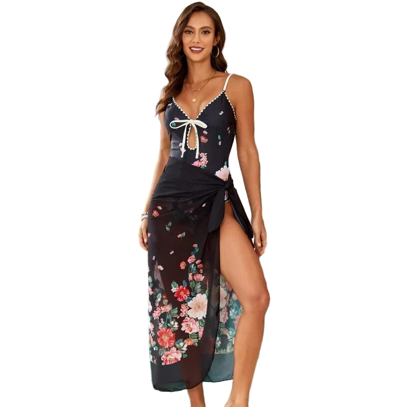 Maillot de bain une pièce imprimé col en V, jupe conservatrice pour femmes