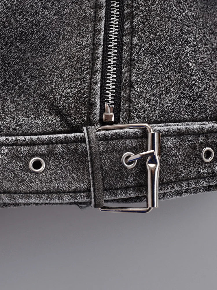 Veste  rétro en simili cuir fermeture éclair ceinture pour femmes