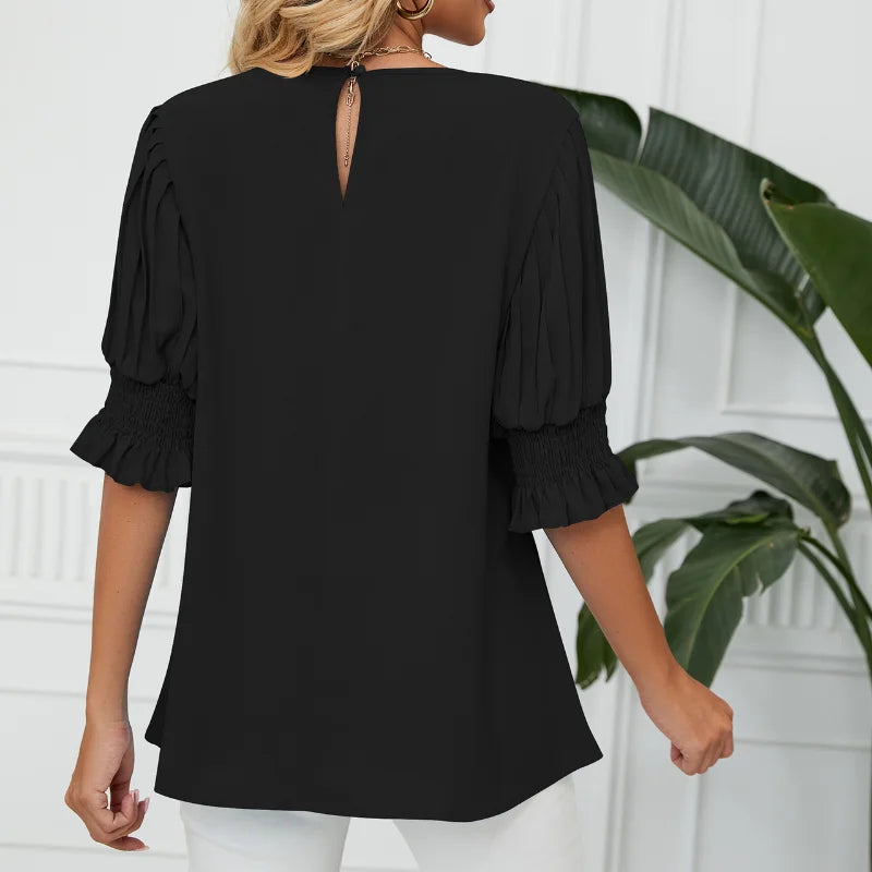 Chemise plissé à col rond et manches courtes pour femmes, chemisier polyvalent,