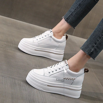 Baskets en cuir véritable de vache naturel pour femme confortables et décontractées, sneakers à plateforme épaisse 7cm