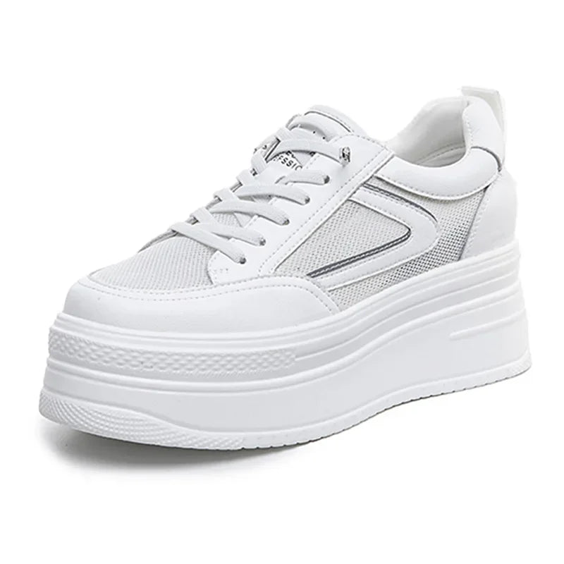 Baskets à semelle compensée en cuir véritable talon haut 7 cm pour femmes