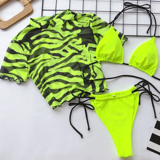 Maillot de bain bikini à manches courtes en maille vert fluo pour femme, ensemble de trois pièces