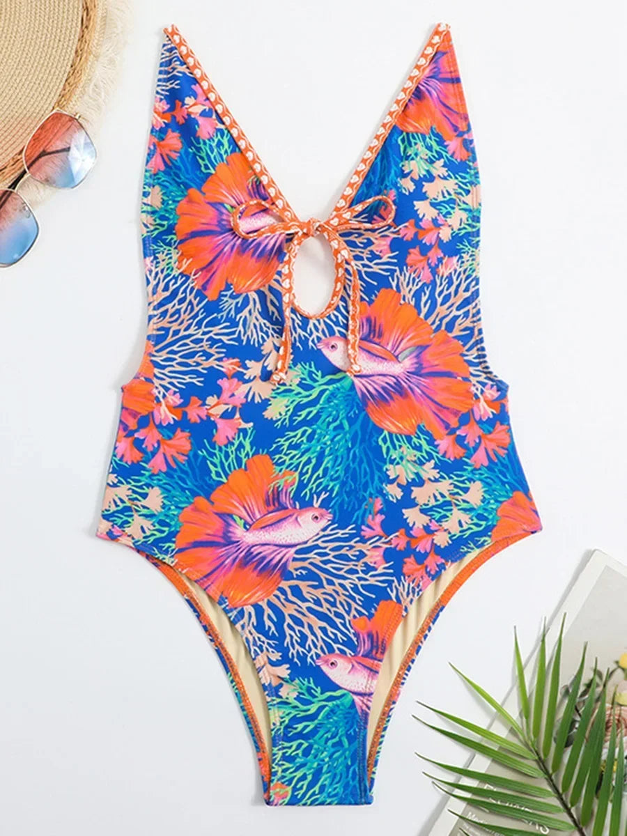 Maillot de bain une pièce sexy imprimé col en V monokini dos nu pour femme