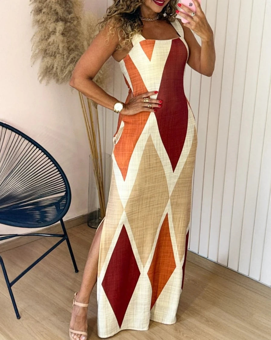 Robe d'été à bretelles épaisses, imprimé géométrique pour femmes