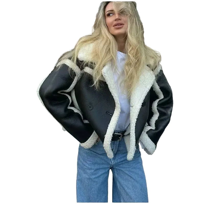 Veste courte en cuir PU patchwork pour femme