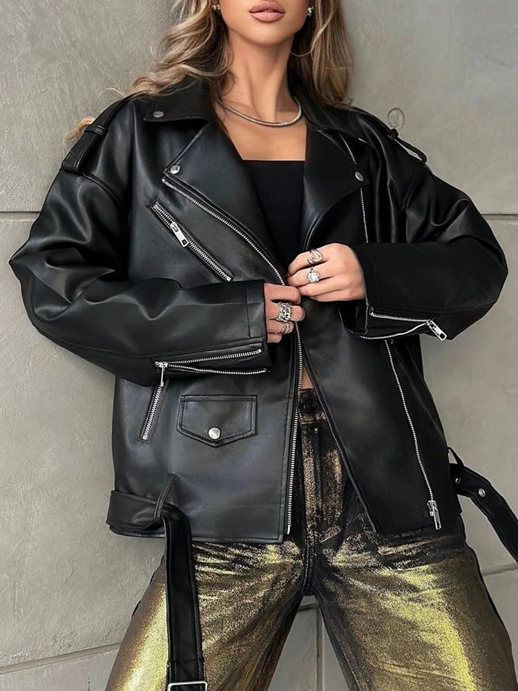 Veste  noir en faux cuir pour femmes