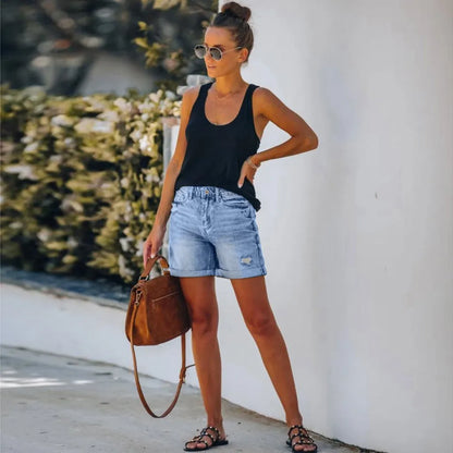 Short en jean pour femme, rétro avec trous à bords pliants