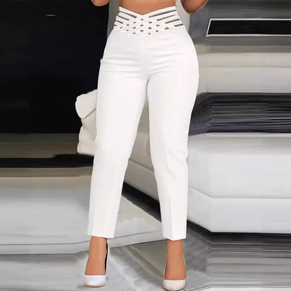 Pantalon de travail élégant à taille superposée pour femme, conception en maille transparente évidée