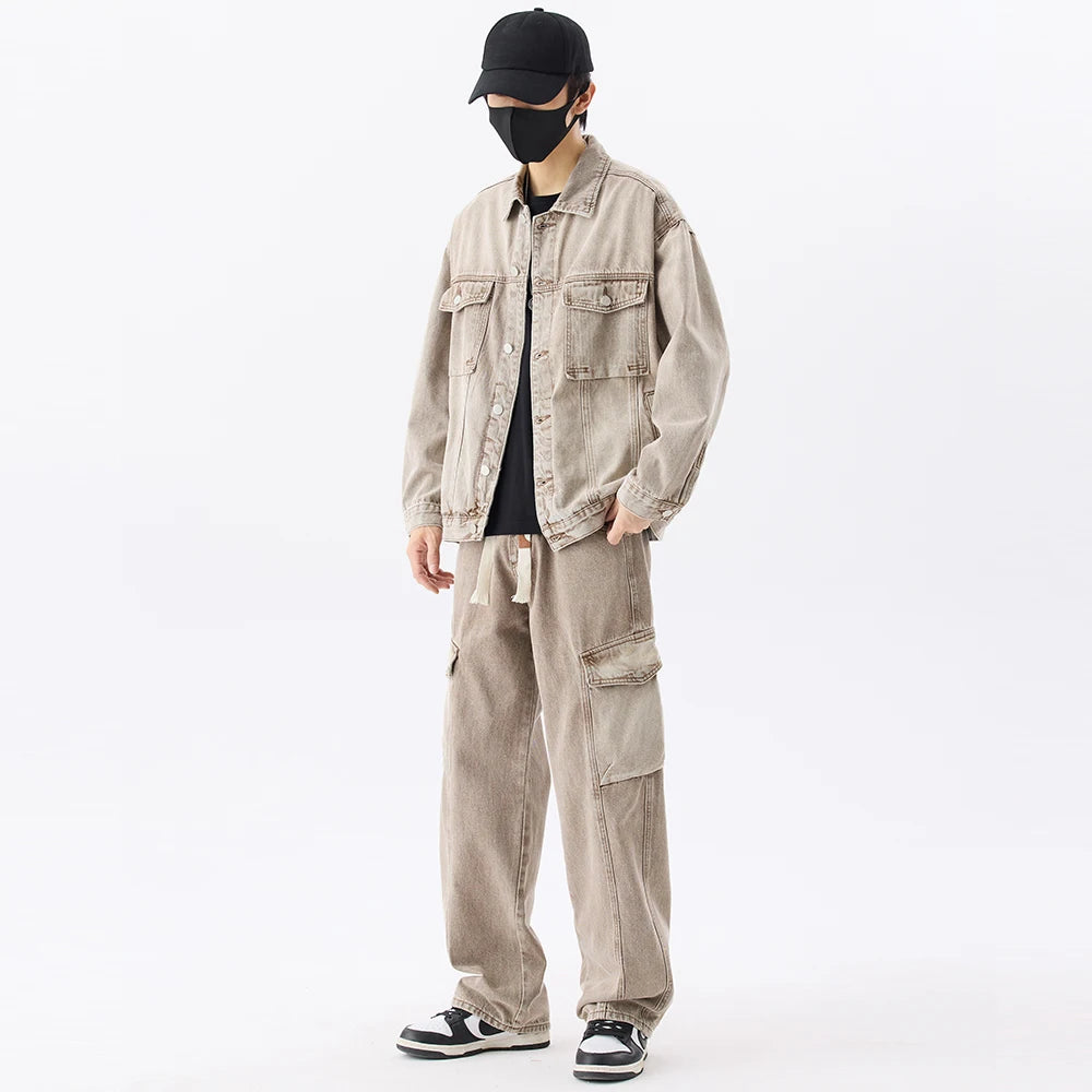 Ensemble deux pièces en denim café vintage pour hommes