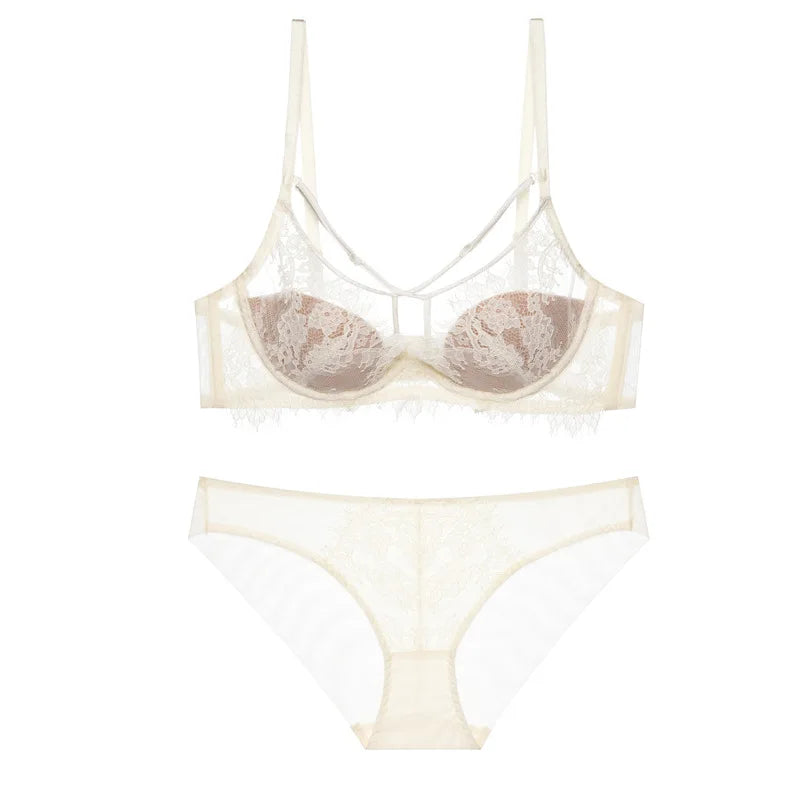 Ensemble soutien-gorge et culotte en dentelle à cils transparents en maille pour femmes