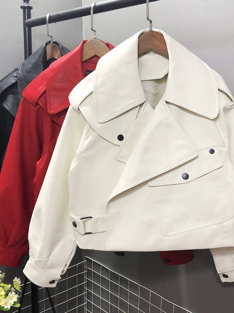 Veste en faux cuir col rabattu pour femmes
