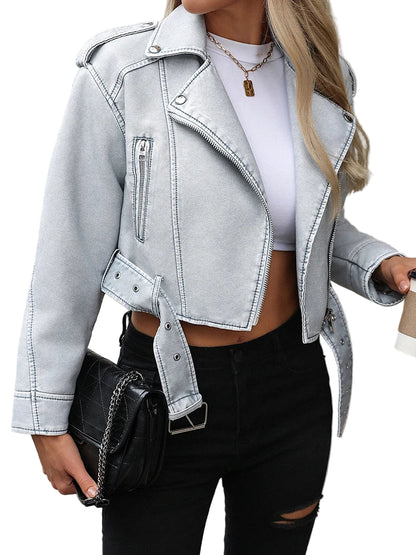 Veste court vintage bleu pu faux cuir pour femme
