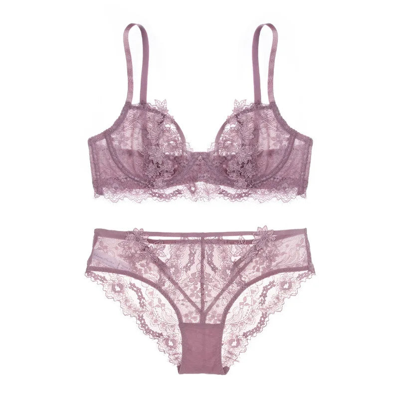 Ensemble de sous-vêtements fins en dentelle Non rembourrés, Sexy, Lingerie pour femmes, soutien-gorge et culotte transparents, brassière brodée en dentelle