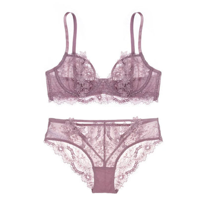 Ensemble de sous-vêtements fins en dentelle Non rembourrés, Sexy, Lingerie pour femmes, soutien-gorge et culotte transparents, brassière brodée en dentelle