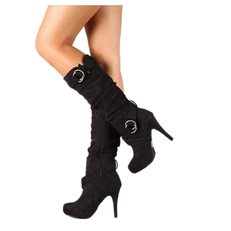 Bottes hautes en cuir Pu pour femmes, chaussures Sexy à talons hauts et fins, bout rond