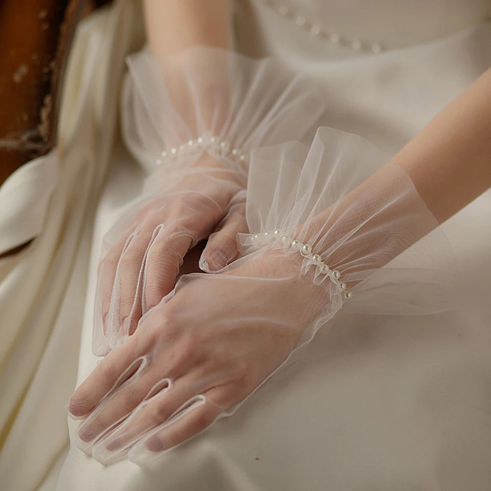 Gants de Poignet Courts en Tulle à Bord Volant pour Femme