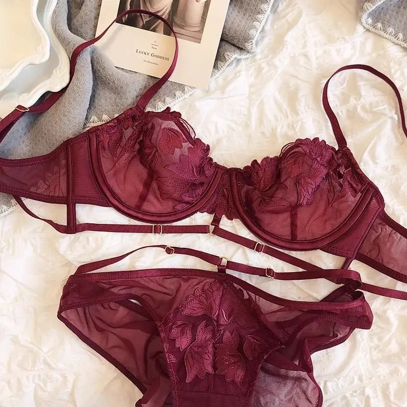 Ensemble culotte et soutien gorge à sangles en maille brodées françaises, ultra-minces pour femmes