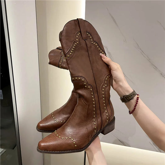 Bottes cloutées pour femmes talon bas Cowboy Chelsea Western court en cuir